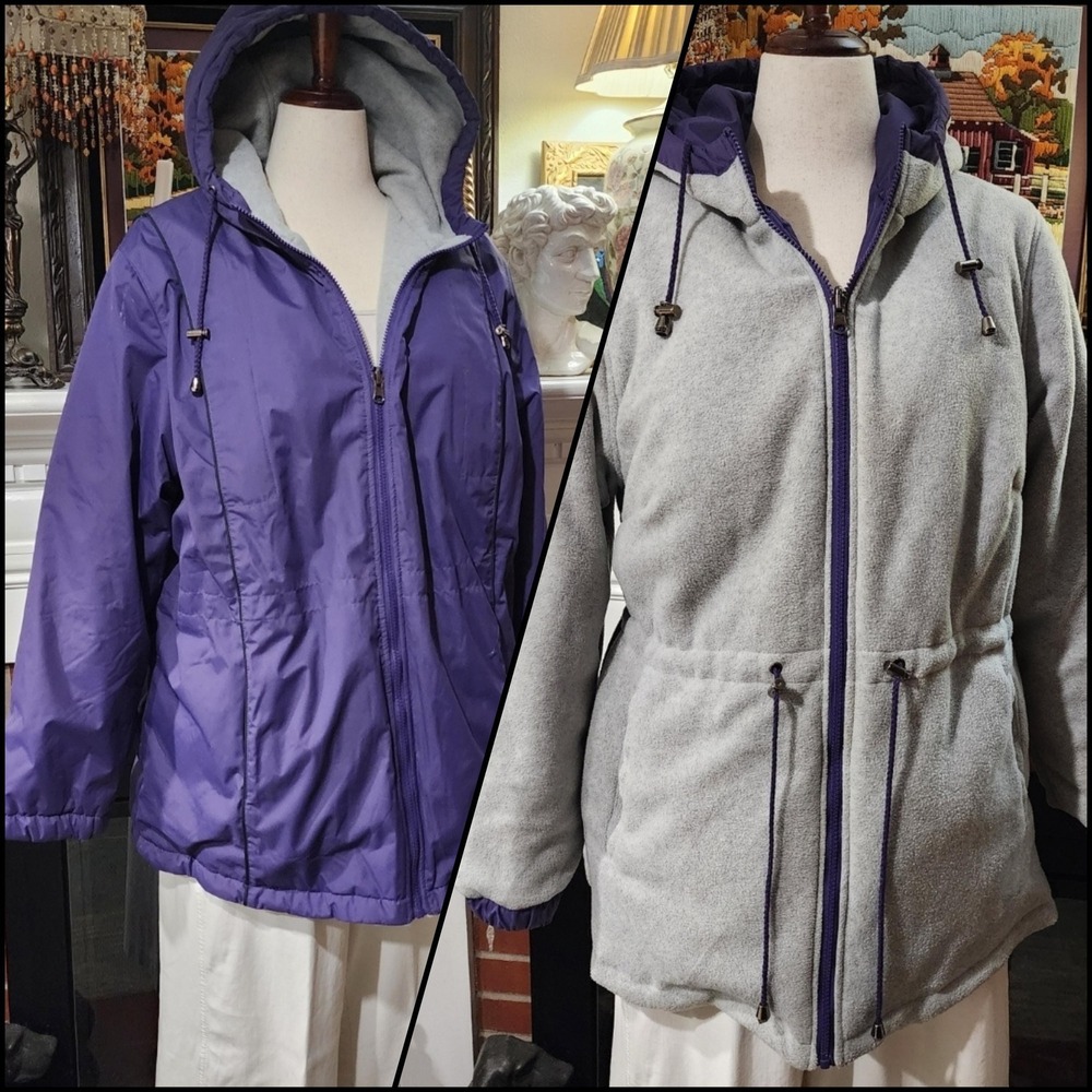 Koret Vintage 90s‎ Reversible Hooded Coat Womens XL Purple Gray Fleece Jacket